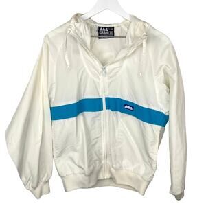 VINTAGE Nautical Windbreaker Blue & White Striped Hooded Jacket Size M